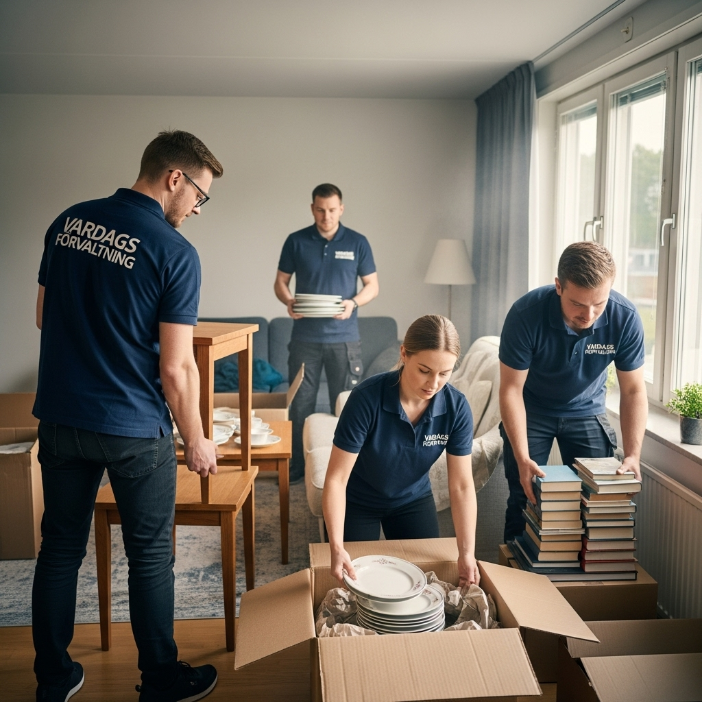 En värderingsman från Vardagsförvaltning inspekterar varsamt ett porslinsföremål för att bedöma dess värde vid en tömning av ett dödsbo.