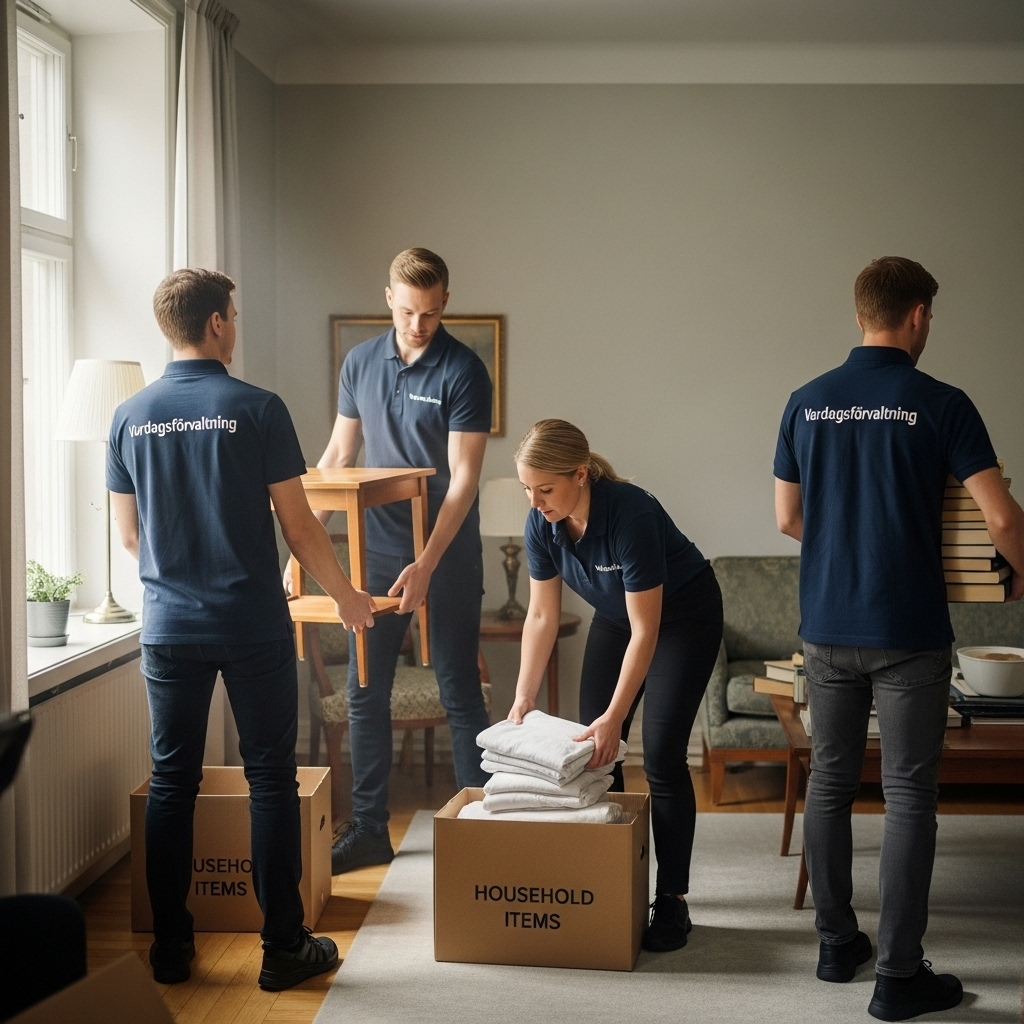 Person använder en checklista för att systematiskt sortera föremål från ett dödsbo i tydligt märkta flyttkartonger.