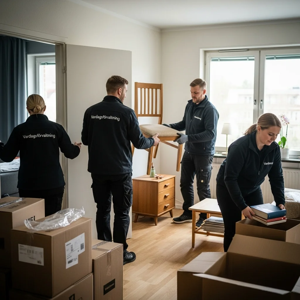 Kalkylator och anteckningsblock används för att beräkna kostnaden för att tömma ett dödsbo, med en packad kartong från Vardagsförvaltning i bakgrunden.