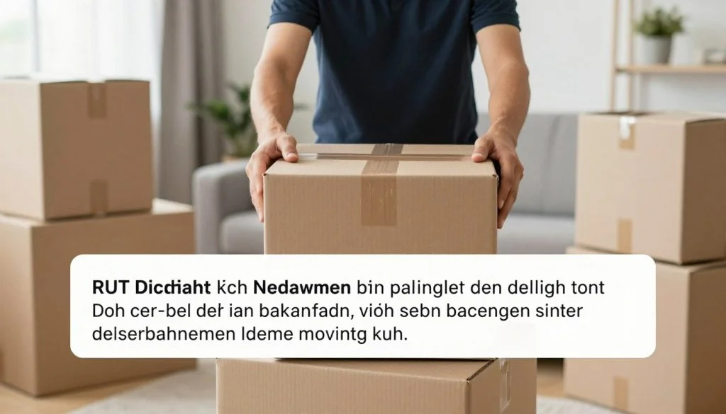 Person som packar flyttkartonger med text om rutavdrag flytthjälp
