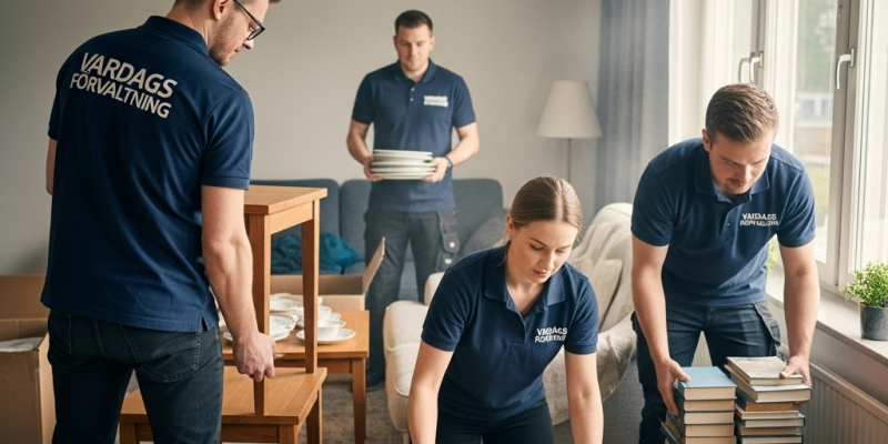 En värderingsman från Vardagsförvaltning inspekterar varsamt ett porslinsföremål för att bedöma dess värde vid en tömning av ett dödsbo.