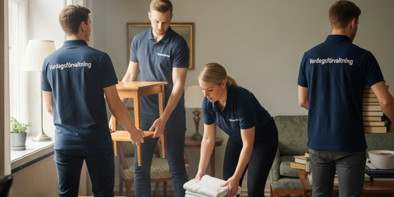 Person använder en checklista för att systematiskt sortera föremål från ett dödsbo i tydligt märkta flyttkartonger.
